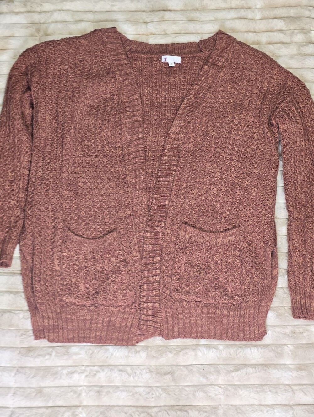 SO Terracotta Chunky Knit Open Front Cardigan Sweater Pockets Size S